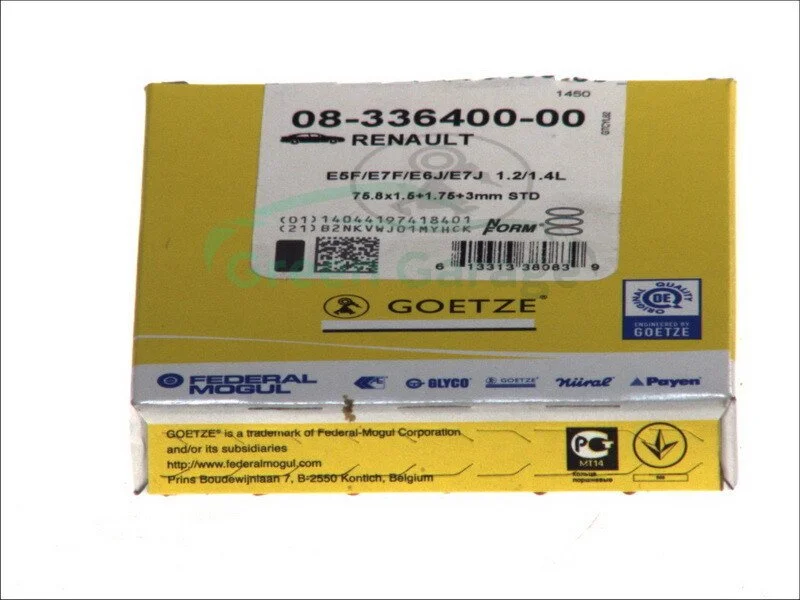 Кольца поршневые RENAULT 75.8 (1.5/1.75/3) 1.2I/1.4 E2F/E5F/E6J/E7F/E7J (пр-во) GOETZE 0833640000 (фото 1)