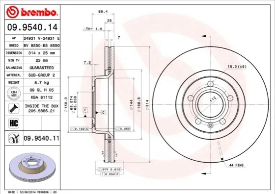 Гальмівний диск BREMBO 09.9540.11 (фото 1)