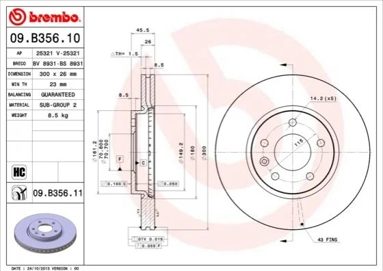 Диск тормозной CHEVROLET CRUZE, OPEL ASTRA J передн. (пр-во) BREMBO 09.B356.11 (фото 1)