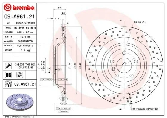 Гальмівний диск BREMBO 09.A961.21 (фото 1)
