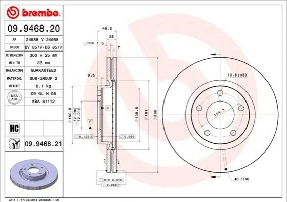 Диск тормозной MAZDA 3,5 передн., вент. (пр-во) BREMBO 09.9468.20 (фото 1)