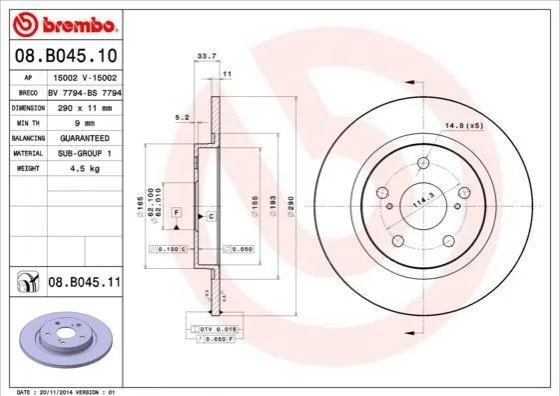 Диск тормозной TOYOTA AVENSIS 09- задн. (пр-во) BREMBO 08.B045.10 (фото 1)