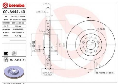 Диск гальмівний, 09- 305mm*5отв. BREMBO 09.A444.40