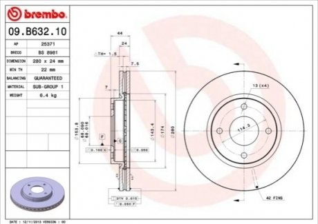 Диск тормозной NISSAN TIIDA 1.5-1.8 07-,CUBE 1.5 1.6 2010- передн. BREMBO 09.B632.10