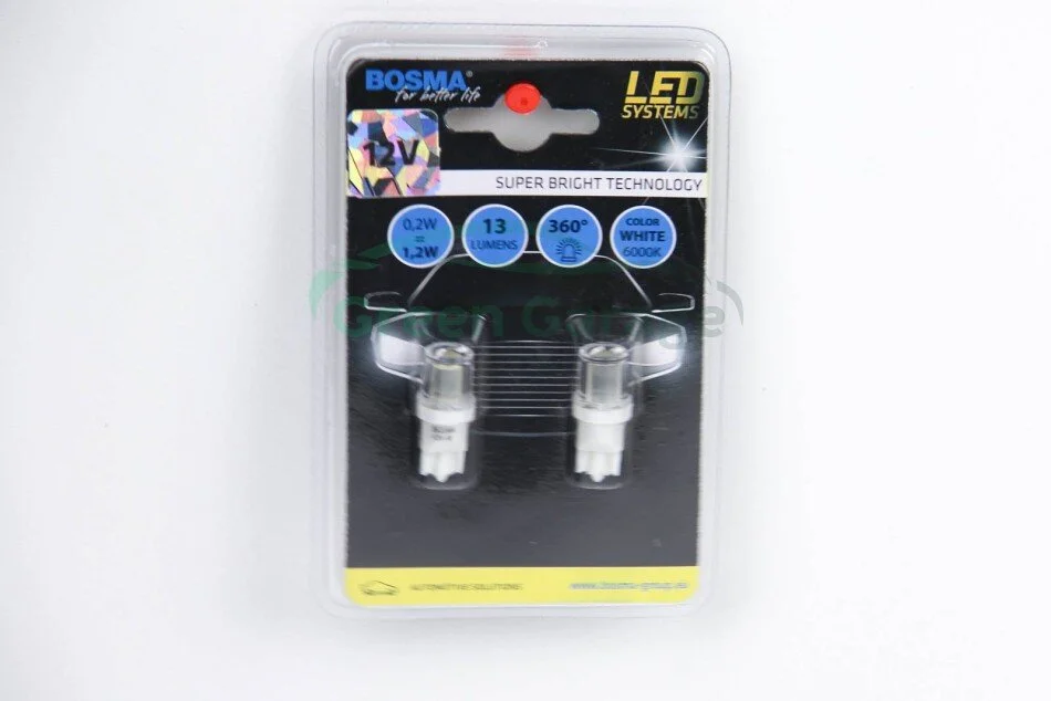 Автолампа T10 LED 12V 1xSMD 5050 LED WIDE VIEWIND WHITE LIGHT PIPE (2 шт) BOSMA 4038 (фото 1)