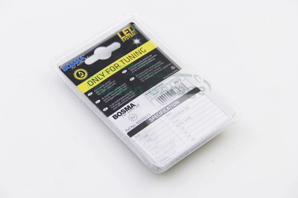Автолампа SV8,5 LED 12V 1xSMD MEGA LED WHITE 10X39 (2 шт) BOSMA 3673 (фото 1)