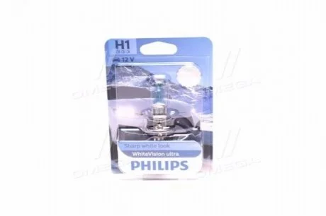 Лампа розжарювання H1 WhiteVision ultra 12V 55W P14,5s (+60) (3700K) blister (вир-во Philips) PHILIPS 12258WVUB1