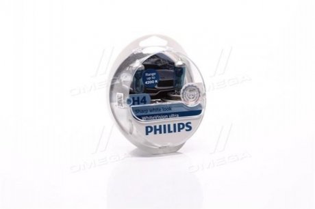 Лампа розжарювання H4 12V 60/55W WhiteVision ULTRA +60 (4200K) (компл) PHILIPS 12342WVUSM