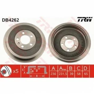 Барабан тормозной SKODA OCTAVIA 97-10. ROOMSTER 06-. VW POLO SEDAN 10- задн. (пр-во) TRW DB4262