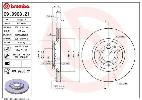 Диск гальмівний BREMBO 09.9908.21 (фото 1)