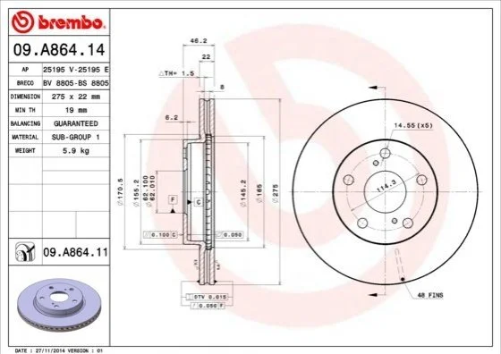 Диск тормозной TOYOTA COROLLA передн. (пр-во) BREMBO 09.A864.14 (фото 1)