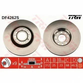 Диск тормозной AUDI A4,A6, SKODA SUPERB, VW PASSAT, передн. вент. (пр-во) TRW DF4262S