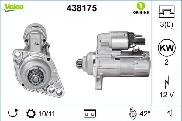 Стартер (12В, 2кВт, новий із заставою) AUDI A3, TT SEAT ALTEA, ALTEA XL, CORDOBA, IBIZA III, IBIZA IV, IBIZA IV SC, LEON, TOLEDO III SKODA FABIA I, FABIA I PRAKTIK, FABIA II 1.4-2.0D 10.99- VALEO 438175 (фото 1)