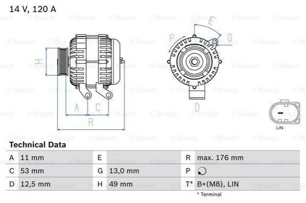 Генератор (14В, 120А, відновлений) FORD B-MAX, C-MAX II, ECOSPORT, FIESTA, FIESTA VI, FOCUS III, FOCUS III/HATCHBACK, FOCUS III/KOMBI, GRAND C-MAX, KA+ III, KUGA II, MONDEO IV 1.0-2.0D 03.07- BOSCH 0986082220 (фото 1)
