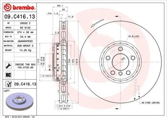 Диск гальмівний BMW 5 F07 7 F01 /L /2-elementowa,kompozytowa/ BREMBO 09C41613 (фото 1)
