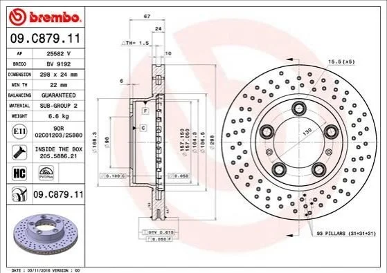 Диск гальмівний (перф.) Poesche Boxter/Cayman 2.7 04> (d=298) BREMBO 09C87911 (фото 1)