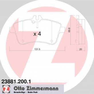 К-кт гальмівних накладок перед. DB klasa B (W245) B 200 05- ZIMMERMANN 238812001