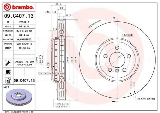 Диск гальмівний BMW F10,11 /L /2-elementowa,kompozytowa/ BREMBO 09C40713 (фото 1)