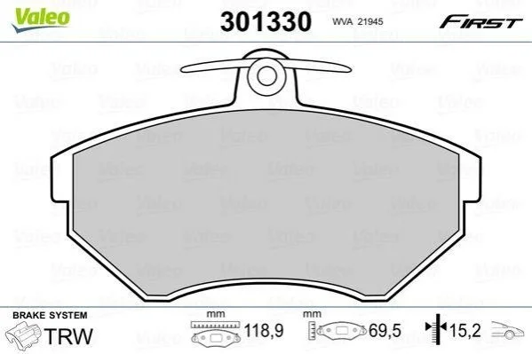 Колодки гальмівні VW P. CADDY/GOLF/PASSAT/POLO 91-04 VALEO 301330 (фото 1)