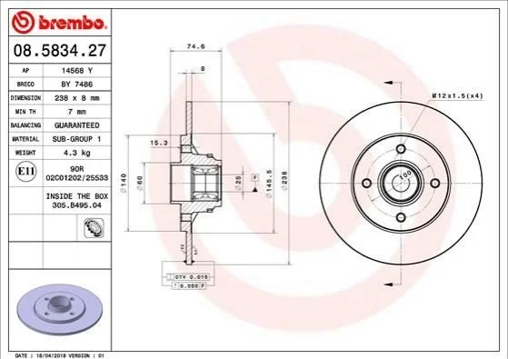 Tarcza ham. CLIO II/08.5834.25 tyі, z іoїyskiem BREMBO 08583427 (фото 1)