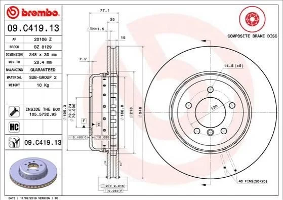 Tarcza ham. BMW 5 E60 6 E63 BREMBO 09C41913 (фото 1)