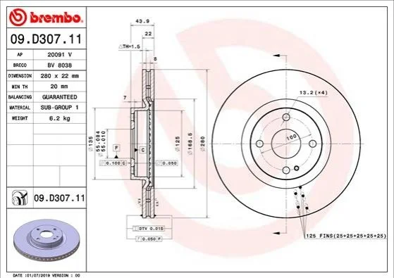 Tarcza ham. 124 SPIDER MX5 BREMBO 09D30711 (фото 1)