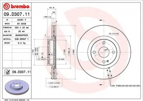 Диск гальмівний передній BREMBO 09D30711