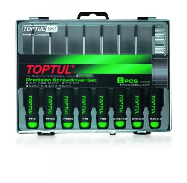 Набір інструментів 8 шт, профіль: Philips PH / TORX / плоска, 1.5x50 2x50 3x50 мм, розмір Philips: PH0 PH00 PH000, розмір ключа для гнізда E-TORX: T15, T20 TOPTUL GAAW0803 (фото 1)