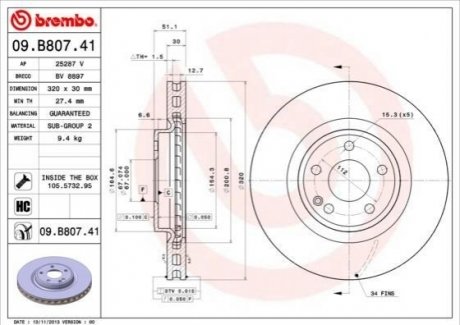 Диск гальмівний передній BREMBO 09B80741