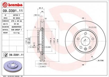 Диск гальмівний передній BREMBO 09D39111