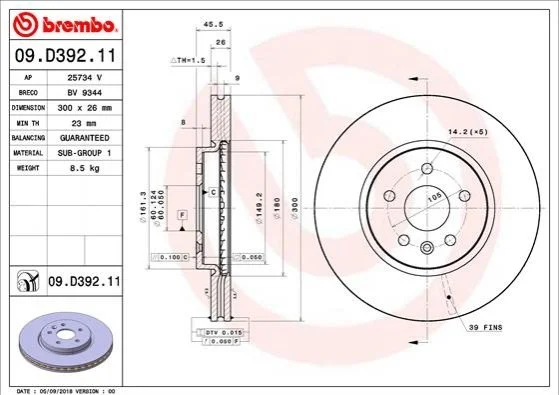 Диск гальмівний ASTRA K BREMBO 09D39211 (фото 1)
