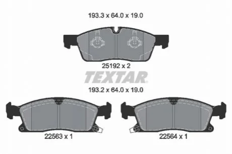 Комплект гальмівних колодок передн, JEEP GRAND CHEROKEE, GRAND CHEROKEE IV 3.0-6.4 11.10- TEXTAR 2519209