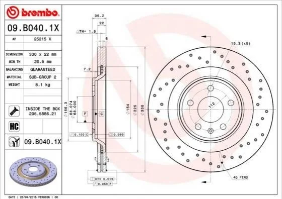 Диск гальмівний XTRA BREMBO 09B0401X (фото 1)