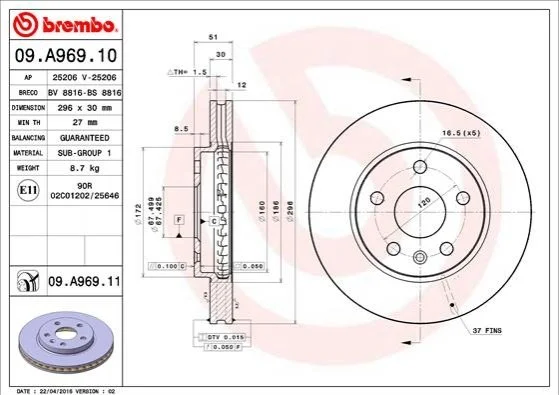 Диск гальмівний BREMBO 09A96911 (фото 1)