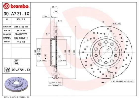 Гальмівний диск BREMBO 09A7211X (фото 1)