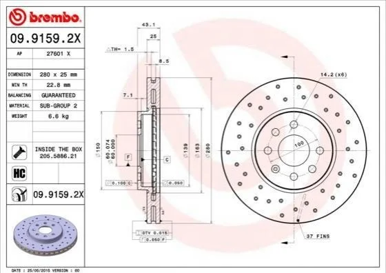 Гальмівні диски BREMBO 0991592X (фото 1)