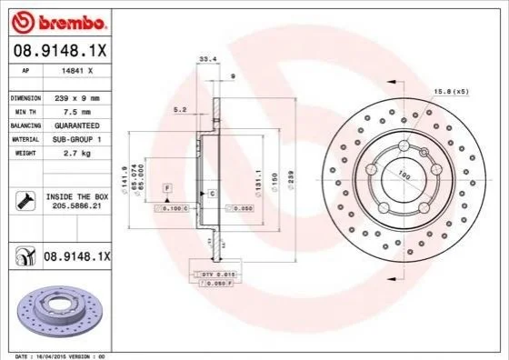 Гальмівні диски BREMBO 0891481X (фото 1)