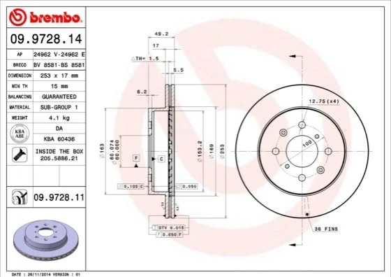 Диск гальмівний BREMBO 09972811 (фото 1)