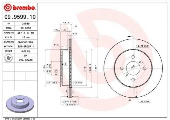 Гальмівний диск BREMBO 09959910 (фото 1)