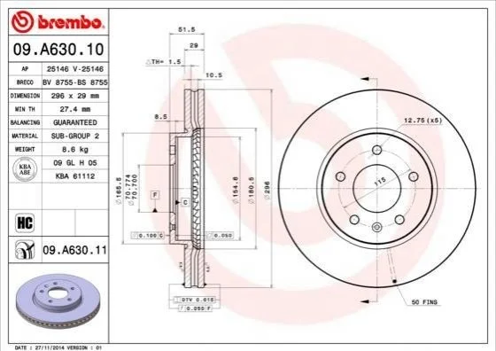 Гальмівний диск BREMBO 09A63010 (фото 1)