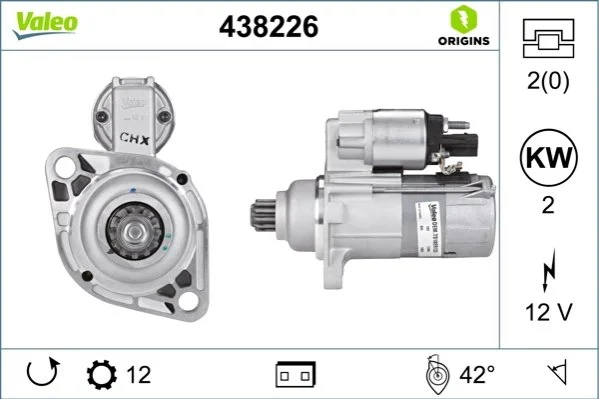 Стартер (12В, 2кВт, новий із заставою) AUDI A1, A3, Q3, TT SEAT ALTEA, ALTEA XL, ATECA, CORDOBA, IBIZA III, IBIZA IV, IBIZA IV SC, LEON, TOLEDO III SKODA FABIA I, OCTAVIA II 1.4-3.2 02.02- VALEO 438226 (фото 1)