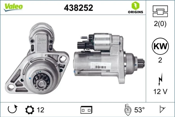 Стартер (12В, 2кВт, новий із заставою) AUDI A1, A3, Q2 SEAT ALTEA, ALTEA XL, ATECA, IBIZA IV ST, LEON, LEON SC, LEON ST SKODA FABIA II, KAROQ, OCTAVIA II, OCTAVIA III, ROOMSTER 1.2-2.0D 10.06- VALEO 438252 (фото 1)