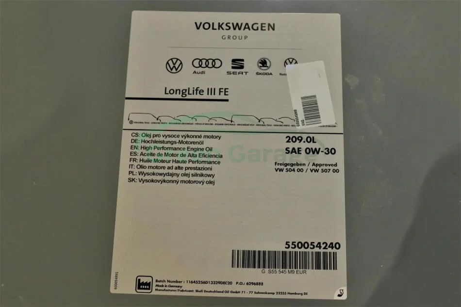 Олива моторна LongLife III FE 0W-30, 209л. 50400/50700 VAG GS55545M9 (фото 1)