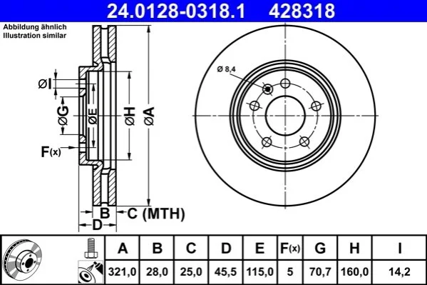 Диск гальмівний передн Лів/Прав OPEL INSIGNIA B, INSIGNIA B COUNTRY, INSIGNIA B GRAND SPORT 1.5-2.0D 03.17- ATE 24012803181 (фото 1)