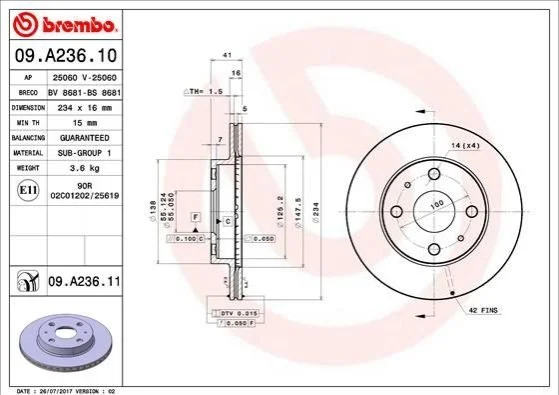 Автозапчасть BREMBO 09A23611 (фото 1)