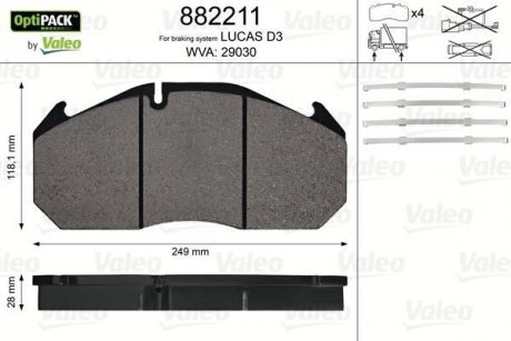 Гальмівні колодки, дискове гальмо (набір) VALEO 882211