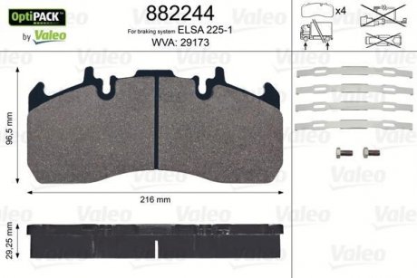 Гальмівні колодки, дискове гальмо (набір) VALEO 882244