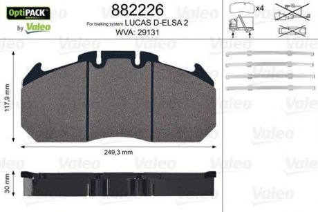 Гальмівні колодки, дискове гальмо (набір) VALEO 882226