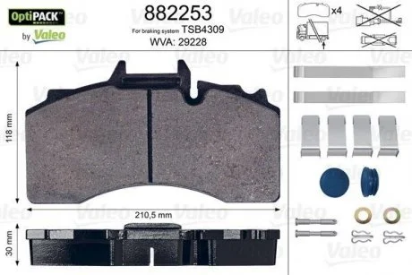Комплект гальмівних накладок, дискове гальмо VALEO 882253