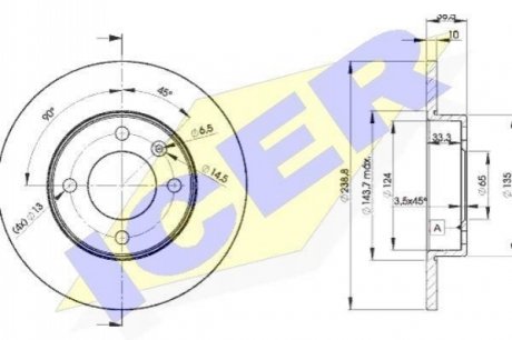 Диск гальмівний (передній) Audi 80 72-86/VW Passat/Golf 73-97/Polo 81-94 (239x10) (з покр.) (повний) ICER 78BD33252